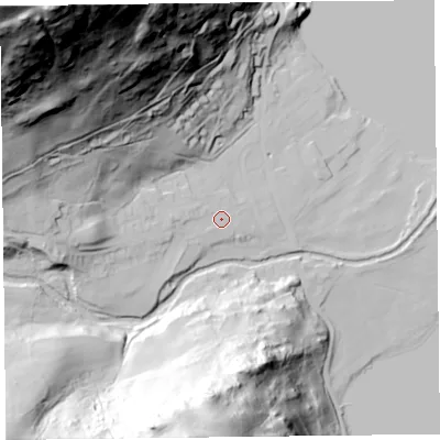 Shaded relief map of the ground around CA110PD, computed from Environment Agency LiDAR. The ground here sits at about 158 m above sea level and falls 203 m across the surrounding 800 m. Surface water reaching this point runs off ground lying to the west, 19.5 m higher.