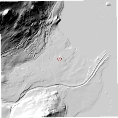 Shaded relief map of the ground around CA110PE, computed from Environment Agency LiDAR. The ground here sits at about 151 m above sea level and falls 240 m across the surrounding 800 m. Surface water reaching this point runs off ground lying to the south-west, 2.9 m higher.