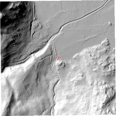 Shaded relief map of the ground around CA110PP, computed from Environment Agency LiDAR. The ground here sits at about 155 m above sea level and falls 134 m across the surrounding 800 m. Surface water reaching this point runs off ground lying to the south-west, 125.3 m higher.