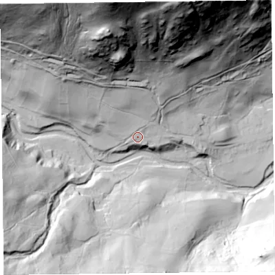 Shaded relief map of the ground around CA110QQ, computed from Environment Agency LiDAR. The ground here sits at about 188 m above sea level and falls 190 m across the surrounding 800 m. Surface water reaching this point runs off ground lying to the north-west, 13.0 m higher.