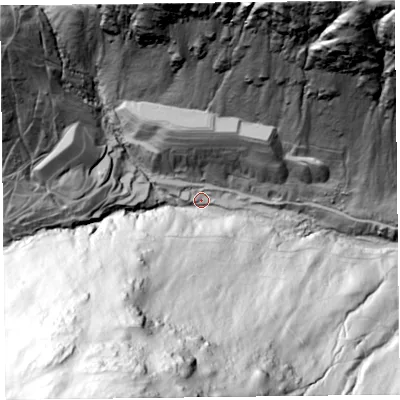 Shaded relief map of the ground around CA110QR, computed from Environment Agency LiDAR. The ground here sits at about 283 m above sea level and falls 347 m across the surrounding 800 m. Surface water reaching this point runs off ground lying to the north-north-east, 280.5 m higher.
