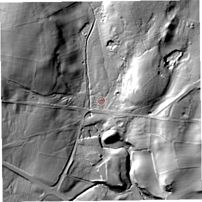 Shaded relief map of the ground around CA110RT, computed from Environment Agency LiDAR. The ground here sits at about 256 m above sea level and falls 32 m across the surrounding 800 m. Surface water reaching this point runs off ground lying to the north-west, 26.3 m higher.