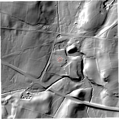 Shaded relief map of the ground around CA110RX, computed from Environment Agency LiDAR. The ground here sits at about 258 m above sea level and falls 33 m across the surrounding 800 m. Surface water reaching this point runs off ground lying to the west-south-west, 2.5 m higher.