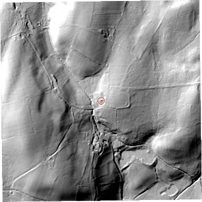 Shaded relief map of the ground around CA110RY, computed from Environment Agency LiDAR. The ground here sits at about 260 m above sea level and falls 65 m across the surrounding 800 m. Surface water reaching this point runs off ground lying to the east-north-east, 7.3 m higher.