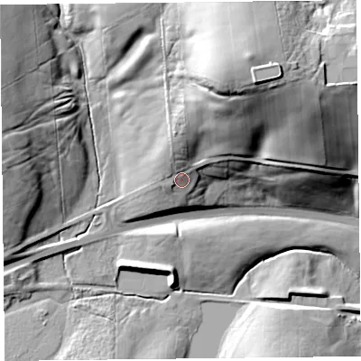Shaded relief map of the ground around CA110SG, computed from Environment Agency LiDAR. The ground here sits at about 276 m above sea level and falls 50 m across the surrounding 800 m. Surface water reaching this point runs off ground lying to the north-north-east, 20.1 m higher.