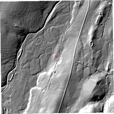 Shaded relief map of the ground around CA110SS, computed from Environment Agency LiDAR. The ground here sits at about 278 m above sea level and falls 36 m across the surrounding 800 m. Surface water reaching this point runs off ground lying to the south-south-east, 17.1 m higher.
