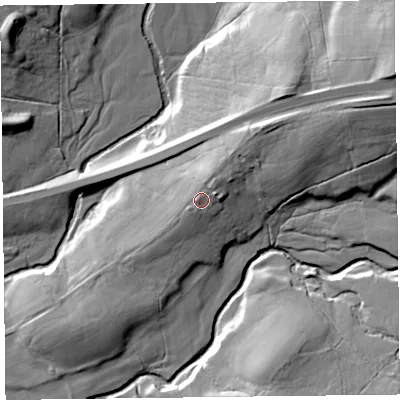 Shaded relief map of the ground around CA110SX, computed from Environment Agency LiDAR. The ground here sits at about 191 m above sea level and falls 44 m across the surrounding 800 m. Surface water reaching this point runs off ground lying to the north-east, 4.1 m higher.