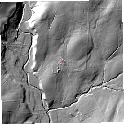 Shaded relief map of the ground around CA110SZ, computed from Environment Agency LiDAR. The ground here sits at about 195 m above sea level and falls 39 m across the surrounding 800 m. Surface water reaching this point runs off ground lying to the north-east, 10.9 m higher.