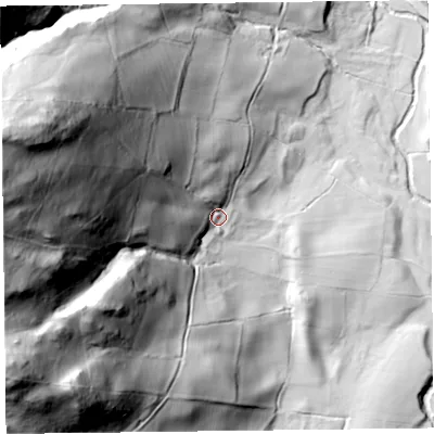 Shaded relief map of the ground around CA110TA, computed from Environment Agency LiDAR. The ground here sits at about 209 m above sea level and falls 183 m across the surrounding 800 m. Surface water reaching this point runs off ground lying to the west-north-west, 146.6 m higher.