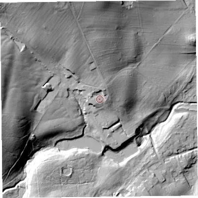Shaded relief map of the ground around CA110TG, computed from Environment Agency LiDAR. The ground here sits at about 226 m above sea level and falls 61 m across the surrounding 800 m. Surface water reaching this point runs off ground lying to the north, 4.6 m higher.