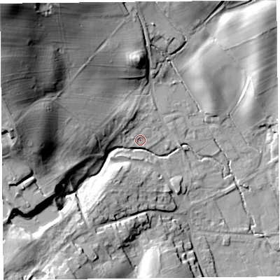 Shaded relief map of the ground around CA110TH, computed from Environment Agency LiDAR. The ground here sits at about 200 m above sea level and falls 50 m across the surrounding 800 m. Surface water reaching this point runs off ground lying to the west-north-west, 32.2 m higher.