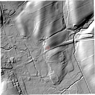 Shaded relief map of the ground around CA110TJ, computed from Environment Agency LiDAR. The ground here sits at about 199 m above sea level and falls 22 m across the surrounding 800 m. Surface water reaching this point runs off ground lying to the north-north-east, 5.6 m higher.