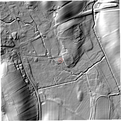 Shaded relief map of the ground around CA110TL, computed from Environment Agency LiDAR. The ground here sits at about 193 m above sea level and falls 26 m across the surrounding 800 m. Surface water reaching this point runs off ground lying to the north, 12.8 m higher.