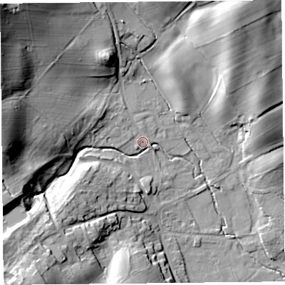 Shaded relief map of the ground around CA110TQ, computed from Environment Agency LiDAR. The ground here sits at about 198 m above sea level and falls 40 m across the surrounding 800 m. Surface water reaching this point runs off ground lying to the west, 27.7 m higher.