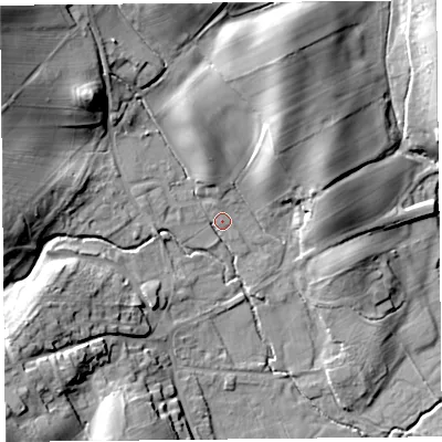 Shaded relief map of the ground around CA110TU, computed from Environment Agency LiDAR. The ground here sits at about 197 m above sea level and falls 31 m across the surrounding 800 m. Surface water reaching this point runs off ground lying to the north-west, 24.5 m higher.
