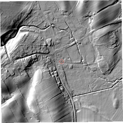 Shaded relief map of the ground around CA110TW, computed from Environment Agency LiDAR. The ground here sits at about 195 m above sea level and falls 27 m across the surrounding 800 m. Surface water reaching this point runs off ground lying to the south-west, 23.0 m higher.