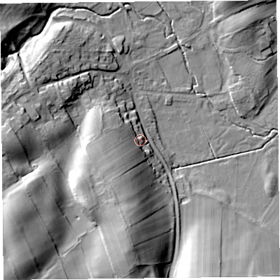 Shaded relief map of the ground around CA110UG, computed from Environment Agency LiDAR. The ground here sits at about 199 m above sea level and falls 27 m across the surrounding 800 m. Surface water reaching this point runs off ground lying to the south-west, 12.7 m higher.