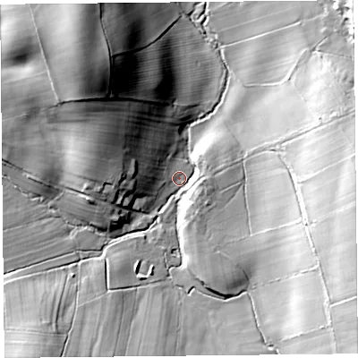 Shaded relief map of the ground around CA110UQ, computed from Environment Agency LiDAR. The ground here sits at about 197 m above sea level and falls 33 m across the surrounding 800 m. Surface water reaching this point runs off ground lying to the north-west, 28.8 m higher.