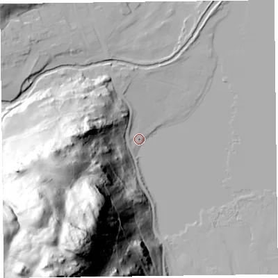 Shaded relief map of the ground around CA110US, computed from Environment Agency LiDAR. The ground here sits at about 147 m above sea level and falls 166 m across the surrounding 800 m. Surface water reaching this point runs off ground lying to the south-south-west, 165.4 m higher.