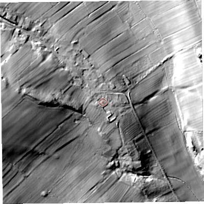 Shaded relief map of the ground around CA110UU, computed from Environment Agency LiDAR. The ground here sits at about 252 m above sea level and falls 52 m across the surrounding 800 m. Surface water reaching this point runs off ground lying to the west-south-west, 1.8 m higher.