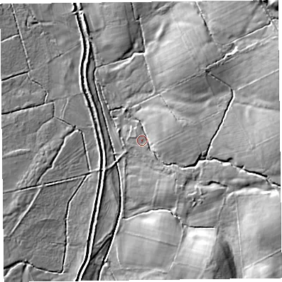 Shaded relief map of the ground around CA110XG, computed from Environment Agency LiDAR. The ground here sits at about 219 m above sea level and falls 26 m across the surrounding 800 m. Surface water reaching this point runs off ground lying to the east, 17.8 m higher.