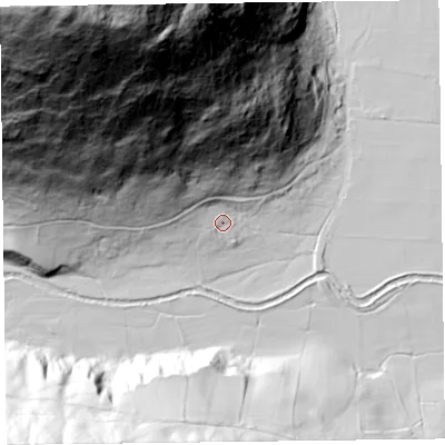 Shaded relief map of the ground around CA110XQ, computed from Environment Agency LiDAR. The ground here sits at about 231 m above sea level and falls 230 m across the surrounding 800 m. Surface water reaching this point runs off ground lying to the north-west, 217.3 m higher.