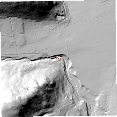 Shaded relief map of the ground around CA110XR, computed from Environment Agency LiDAR. The ground here sits at about 227 m above sea level and falls 199 m across the surrounding 800 m. Surface water reaching this point runs off ground lying to the south-west, 188.2 m higher.
