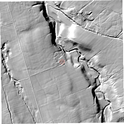 Shaded relief map of the ground around CA110XU, computed from Environment Agency LiDAR. The ground here sits at about 231 m above sea level and falls 44 m across the surrounding 800 m. Surface water reaching this point runs off ground lying to the south-south-east, 8.1 m higher.