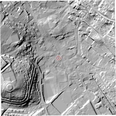 Shaded relief map of the ground around CA117AA, computed from Environment Agency LiDAR. The ground here sits at about 126 m above sea level and falls 35 m across the surrounding 800 m. Surface water reaching this point runs off ground lying to the west-south-west, 24.9 m higher.