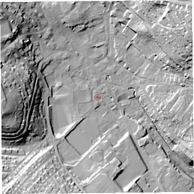 Shaded relief map of the ground around CA117FD, computed from Environment Agency LiDAR. The ground here sits at about 126 m above sea level and falls 37 m across the surrounding 800 m. Surface water reaching this point runs off ground lying to the south-west, 22.9 m higher.