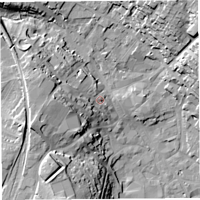 Shaded relief map of the ground around CA117LH, computed from Environment Agency LiDAR. The ground here sits at about 133 m above sea level and falls 33 m across the surrounding 800 m. Surface water reaching this point runs off ground lying to the west, 10.7 m higher.