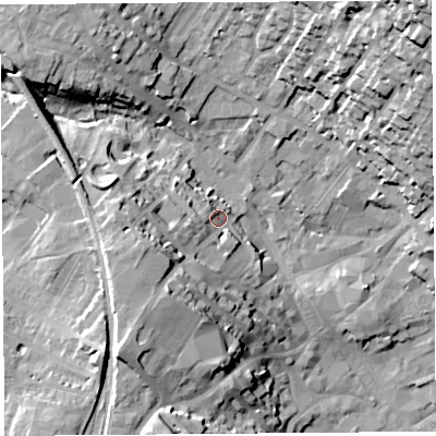 Shaded relief map of the ground around CA117LU, computed from Environment Agency LiDAR. The ground here sits at about 134 m above sea level and falls 36 m across the surrounding 800 m. Surface water reaching this point runs off ground lying to the south-west, 15.4 m higher.