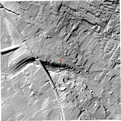 Shaded relief map of the ground around CA117PD, computed from Environment Agency LiDAR. The ground here sits at about 142 m above sea level and falls 47 m across the surrounding 800 m. Surface water reaching this point runs off ground lying to the north-north-west, 7.4 m higher.