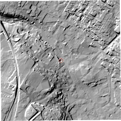 Shaded relief map of the ground around CA117PG, computed from Environment Agency LiDAR. The ground here sits at about 130 m above sea level and falls 35 m across the surrounding 800 m. Surface water reaching this point runs off ground lying to the west-south-west, 17.4 m higher.