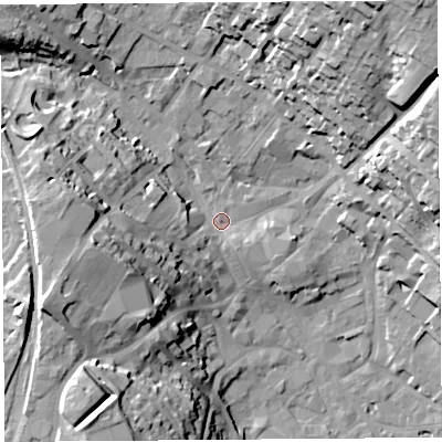 Shaded relief map of the ground around CA117PP, computed from Environment Agency LiDAR. The ground here sits at about 129 m above sea level and falls 35 m across the surrounding 800 m. Surface water reaching this point runs off ground lying to the west-south-west, 9.5 m higher.