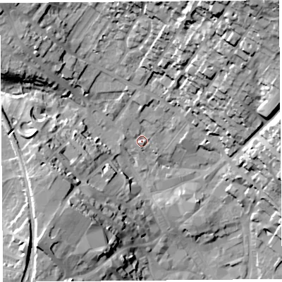 Shaded relief map of the ground around CA117PY, computed from Environment Agency LiDAR. The ground here sits at about 131 m above sea level and falls 44 m across the surrounding 800 m. Surface water reaching this point runs off ground lying to the north-east, 35.1 m higher.