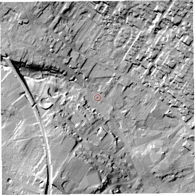 Shaded relief map of the ground around CA117PZ, computed from Environment Agency LiDAR. The ground here sits at about 131 m above sea level and falls 44 m across the surrounding 800 m. Surface water reaching this point runs off ground lying to the north-north-east, 23.8 m higher.