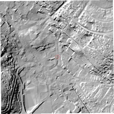 Shaded relief map of the ground around CA117QH, computed from Environment Agency LiDAR. The ground here sits at about 126 m above sea level and falls 37 m across the surrounding 800 m. Surface water reaching this point runs off ground lying to the east-north-east, 34.2 m higher.
