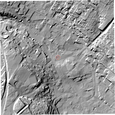 Shaded relief map of the ground around CA117TE, computed from Environment Agency LiDAR. The ground here sits at about 129 m above sea level and falls 37 m across the surrounding 800 m. Surface water reaching this point runs off ground lying to the south-west, 3.9 m higher.