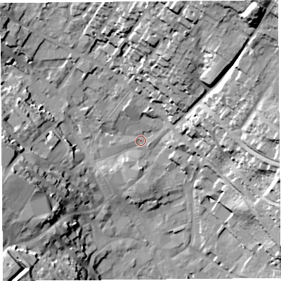 Shaded relief map of the ground around CA117TH, computed from Environment Agency LiDAR. The ground here sits at about 128 m above sea level and falls 44 m across the surrounding 800 m. Surface water reaching this point runs off ground lying to the north-north-east, 33.4 m higher.