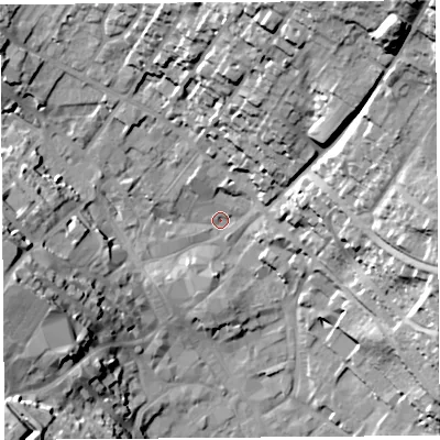 Shaded relief map of the ground around CA117TP, computed from Environment Agency LiDAR. The ground here sits at about 128 m above sea level and falls 44 m across the surrounding 800 m. Surface water reaching this point runs off ground lying to the north-north-east, 35.0 m higher.