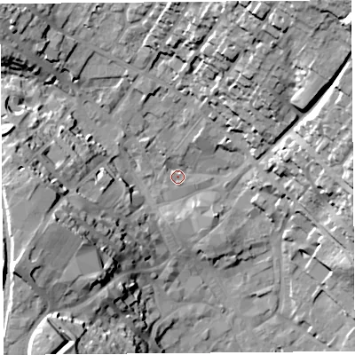 Shaded relief map of the ground around CA117XH, computed from Environment Agency LiDAR. The ground here sits at about 129 m above sea level and falls 43 m across the surrounding 800 m. Surface water reaching this point runs off ground lying to the north-north-east, 32.8 m higher.