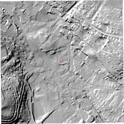 Shaded relief map of the ground around CA117XP, computed from Environment Agency LiDAR. The ground here sits at about 126 m above sea level and falls 36 m across the surrounding 800 m. Surface water reaching this point runs off ground lying to the north-west, 2.9 m higher.