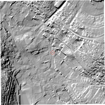 Shaded relief map of the ground around CA117XR, computed from Environment Agency LiDAR. The ground here sits at about 127 m above sea level and falls 37 m across the surrounding 800 m. Surface water reaching this point runs off ground lying to the east-north-east, 33.5 m higher.