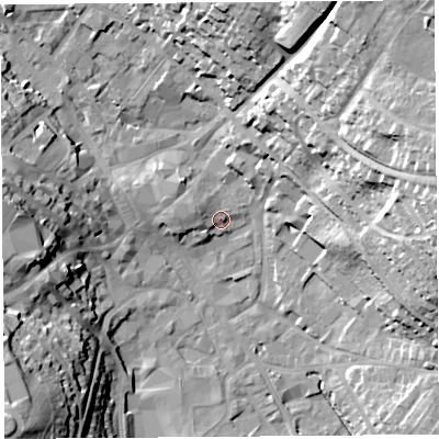 Shaded relief map of the ground around CA117XU, computed from Environment Agency LiDAR. The ground here sits at about 128 m above sea level and falls 35 m across the surrounding 800 m. Surface water reaching this point runs off ground lying to the west-north-west, 3.9 m higher.