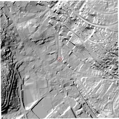 Shaded relief map of the ground around CA117XW, computed from Environment Agency LiDAR. The ground here sits at about 126 m above sea level and falls 38 m across the surrounding 800 m. Surface water reaching this point runs off ground lying to the east-north-east, 34.4 m higher.