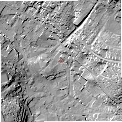 Shaded relief map of the ground around CA117YG, computed from Environment Agency LiDAR. The ground here sits at about 128 m above sea level and falls 42 m across the surrounding 800 m. Surface water reaching this point runs off ground lying to the north-east, 32.9 m higher.