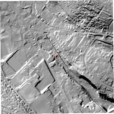 Shaded relief map of the ground around CA118HJ, computed from Environment Agency LiDAR. The ground here sits at about 124 m above sea level and falls 44 m across the surrounding 800 m. Surface water reaching this point runs off ground lying to the north-east, 39.5 m higher.