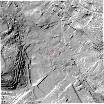 Shaded relief map of the ground around CA118HN, computed from Environment Agency LiDAR. The ground here sits at about 126 m above sea level and falls 37 m across the surrounding 800 m. Surface water reaching this point runs off ground lying to the west-south-west, 26.5 m higher.