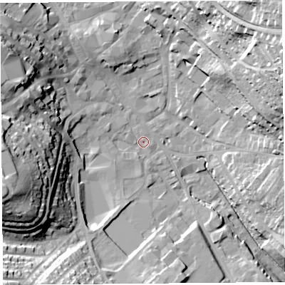 Shaded relief map of the ground around CA118JH, computed from Environment Agency LiDAR. The ground here sits at about 125 m above sea level and falls 37 m across the surrounding 800 m. Surface water reaching this point runs off ground lying to the west-south-west, 26.5 m higher.